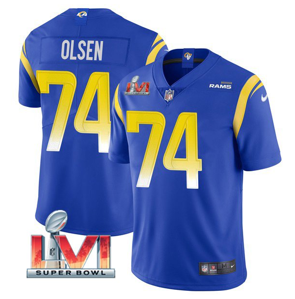 Men's Royal Los Angeles Rams #74 Merlin Olsen 2022 Super Bowl LVI Vapor Limited Stitched Jersey